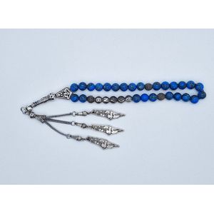 Handgemaakte naam tasbih 33 Kralen Natuursteen “ Blauw howliet gesponnen goud” - met metaal tassel “Palestina""- Met je naam of de naam van uw geliefde- 8 mm diameter van de korrel