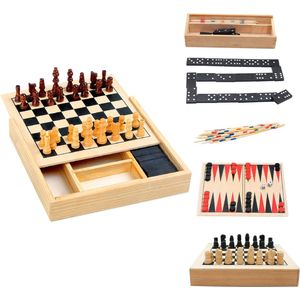 Cheqo® 4-in-1 Spellendoos - Spellenset - Bordspellen - Bordspel Set - Backgammon - Mikado - Domino - Schaken - Hout - 17x17x3cm