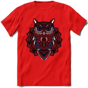 Uil - Dieren Mandala T-Shirt | Donkerblauw | Grappig Verjaardag Zentangle Dierenkop Cadeau Shirt | Dames - Heren - Unisex | Wildlife Tshirt Kleding Kado | - Rood - M