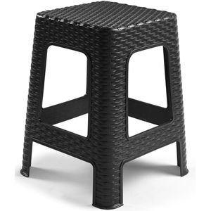 Plasticforte Rotan opstapje/zit krukje - kunststof - zwart - 36 x 36 x 45 cm - Keuken/badkamer - handige krukjes