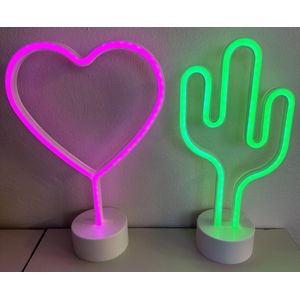 LED hart en cactus met neonlicht - Set van 2 stuks - roze neon licht - hoogte 29.5 x 20 x 8.5 cm / 29.5 x 20 x 8.5 cm - Werkt op batterijen en USB - Tafellamp - Nachtlamp - Decoratieve verlichting - Woonaccessoires