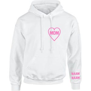 Hoodie dames-wit-met roze tekst voor mama-met op de mouw de naam/namen van je kind/eren-Maat L