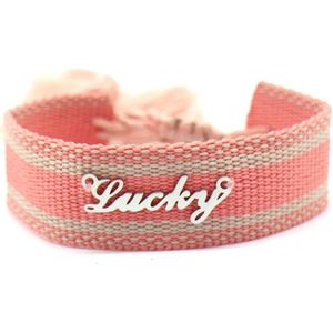 Stoffen Armband Dames - RVS Bedel Lucky - Lengte Verstelbaar - Roze en Zilverkleurig