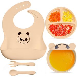 Babyservies - 100% siliconen - BPA-vrij - set van 5 kinderservies, kom + bord + slabbetje + vork + lepel - zeer stabiel (roze)...