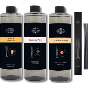 Navulling Musk & Vershout + Secret de Paris + Vanille & Mango + Geurstokjes - Geurstokjes Navulling Set van 3 + 5 Geurstokjes - Geurverspreider - Luchtverfrisser - Huisparfum - 400ml x 3