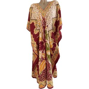 Kaftan - Jurk 130CM lang Bloemenprint met aantrekkoord One size beige/rood/geel