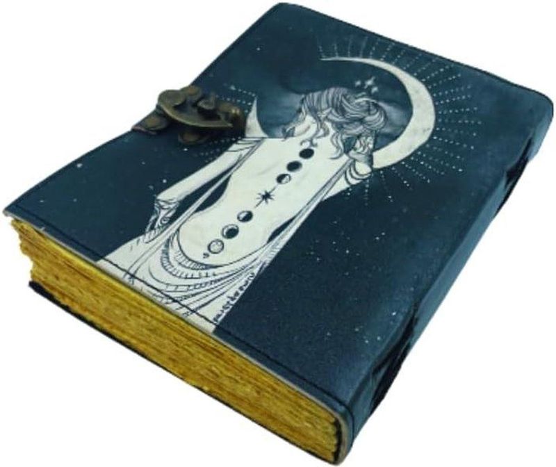 Lady With Moon Design UV Print Leather Journal - Handmade Unlined Deckle Vintage Paper - Sketchbook Notebook - 6 x 8 inches 15 x 20cm - A5