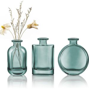 Blauw-groen kleine glazen vazen set van 3 - kleurrijke bloemenvaas desktop - knoopvaas decoratief voor thuis, kantoor, tafeldecoratie