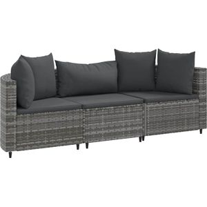 vidaXL 3-delige Loungeset met kussens poly rattan grijs - Loungeset - Loungesets - Tuinset - Tuinbank