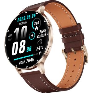 WizBay Premium Select® Ultra Thin Smartwatch 1.75inch AMOLED - Bellen - AI Voice Assist - Hart Monitor - O2 Bloeddrukmeter - Multi Sport Modi - Slaap - Message - Smartwatches - Gouden Case Lederen Band Bruin - 2 Extra Banden - RVS Goud en TPU Rosé