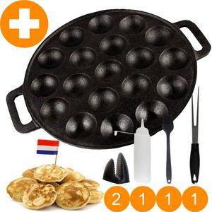 YUGN BLACK Poffertjespan Poffertjesmaker 6 Delige Set - 19 Poffertjes Pan - Incl Gratis eBook Doseerfles Kwast Poffertjesvork Siliconen Ovenwanten - Platte Onderkant Poffertjespan Inductie - Cadeautip