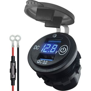 12V USB Autolader 2 Poorten Inbouw met Schakelaar/Voltmeter/Aansluitkabel - QC3.0 - USB Stopcontact Auto, Boot en Camper - Blauw