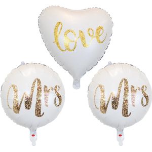 Bruiloft Decoratie Helium Ballonnen Mrs & Mrs Huwelijk Versiering Feest Versiering Wit & Goud Met Rietje 40 Cm – 3 Stuks