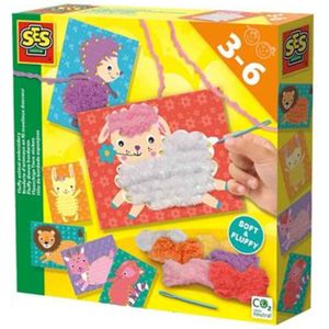 SES - Fluffy Dieren Borduren - borduur 6 verschillende vachtjes - met kunststof naald en zacht garen in 6 kleuren