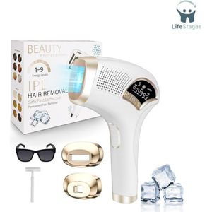 LifeStages - Laser Ontharingsapparaat - IPL Laserontharing - Pijnloos, Langdurig, en Ijskoelend Ontharingsapparaat voor Dames en Heren - 3-in-1 Functies HR/SC/RA Laserontharingsapparaat met 9 Energieniveaus, 2 Modi - Wit