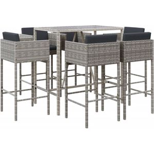 vidaXL 7-delige Tuinbarset met kussens - Grijs Tuinbarset - Bartafel - Barkrukken - Buitendecoratie - PE-rattan