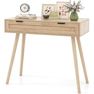 COSTWAY Consoletafel rotan, entreetafel van hout met lade, gangtafel in boho-stijl, bijzettafel voor hal, woonkamer, 88 x 40 x 77 cm, naturel