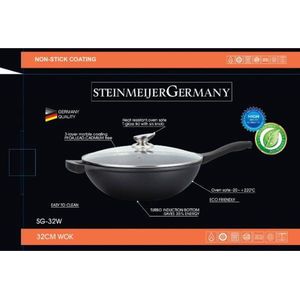 SteinMeijerGermany  Wokpan 32 cm - met glazen deksel -Marble Coating  Zwart -vokpan 32 cm - inductie Wokpannen