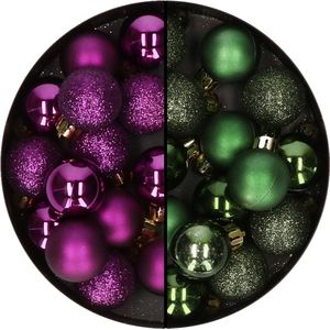 Decoris kleine kerstballen - 28x st - donkergroen en paars - 3 cm - kunststof