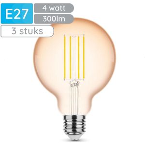 Modee E27 LED Lamp Dimbaar 4W - 300lm - 1800K - Warm Wit - LED Filament Amber Globe G95 - Vervangt 28W Halogeen Gloeilamp - 3 stuks