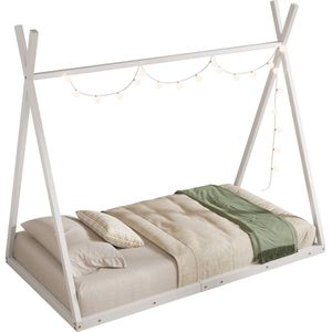 Merax Kinderbed 90x200 cm - Metalen Eenpersoonsbed in Tent Vorm - Driehoekig Bed voor Kinderen - Wit