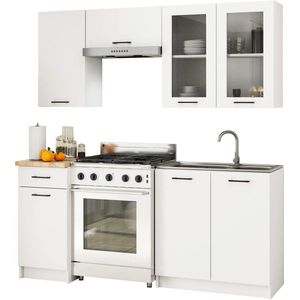 Complete Keuken, Keukenmeubelset OLIWIA H720 met Verkblad 180 cm breed met Vitrinekast / Keukeneenheid zonder apparatuur / Wit / 180 x 203 x 46 cm