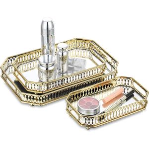 3pcs Gold Mirror Tray Perfume Makeup Organizer Tray, Candle Holder Plate Vanity Tray Drawer Tray Metal Decorative Tray for Living Room Bathroom Bedroom