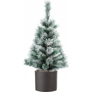 Mini kunst kerstboom besneeuwd 60 cm - Inclusief donkergrijze plantenpot 12,5 x 13,5 cm - Kunstboompjes