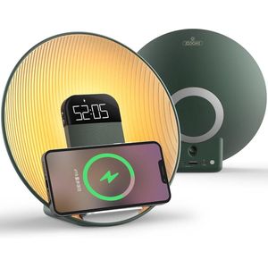 Zonsopgangsimulatie lichtwekker met draadloos opladen en geluidsmachine - Wit - 7 natuurlijke geluiden - Baby bluetooth-luidspreker - Sluimerfunctie