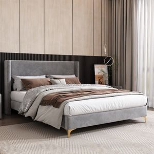 Gestoffeerd bed, bed met lattenbodem, hoog hoofdbord, gestoffeerd hoofdbord, 140 x 200cm, fluweel, grijs