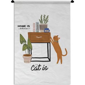 Wandkleed Quotes voor thuis - Quote voor thuis 'Home is where your cat is' met een kat op een witte achtergrond Wandkleed katoen 90x135 cm - Wandtapijt met foto