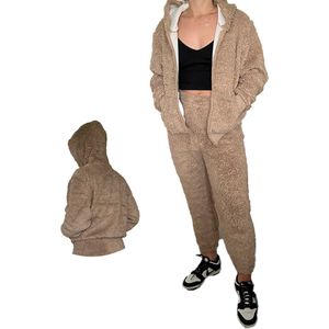 Licht bruin - Huispak - Teddy - Met Capuchon - Fleece - [ Maat 40-42 ] - Dames - Joggingpak - Gewatteerd - Fleece vest & Fleece broek - Setje voor volwassenen - Cadeau voor vrouw - Fluffy en Warm