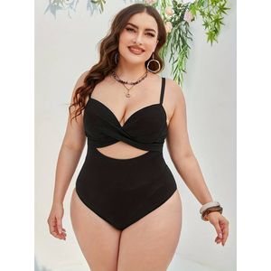 Sexy Badpak- Voorgevormde Beugel Cup- Dames Plus Size Effen Uitgesneden Badpak Met Gedraaide Voorkant En Textuur- Zwempak Bikini Badmode- Zwemkleding Strandkleding 925- Zwart- Maat XXL