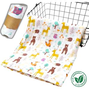 BoefieBoef Bosdieren Grote XL Hydrofiele Doek Baby - Duurzaam Eco Bamboe | Swaddle, Inbakerdoek, Hydrofiele Luier & Babydeken - Wit Gekleurd Uil Beer Vos