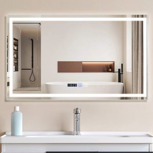 NETTLIFE Badkamerspiegel met LED Verlichting - Nikkel - LED rechthoekig badkamerspiegel 100x60cm - Dimbaar 3000K-6500K - 3 LED standen - Wandspiegel - Lichtspiegel met aanraakschakelaar en klok Ontwasemingsfunctie