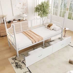 Sweiko Slaapbank - 90 x 200 cm - IJzeren bed - Hemelbed - 2 lades - Wit