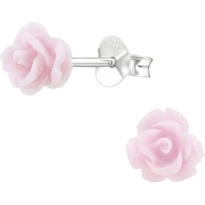 Joy|S - Zilveren roos oorbellen - zacht roze roosje - 6 mm - kinderoorbellen