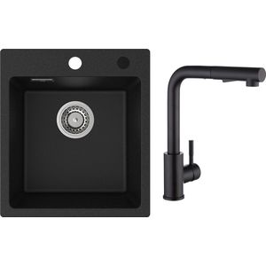 CECIPA max - Spoelbak Keuken 40x45cm - Graniet Spoelbakken Keuken - Keukenkraan Met Uittrekbare Uitloop - Graniet Enkele spoelbak - Spoelbakken met Afdruip - Antraciet