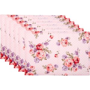 Clayre & Eef Placemats Set van 6 48x33 cm Roze Paars Katoen Rechthoek Rozen Tafelmat