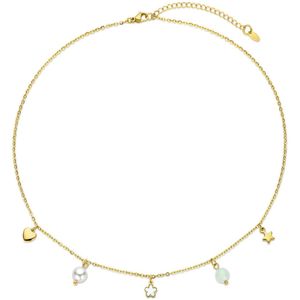 CO88 Collection 8CN-26417 Ketting met Hangertjes - Ster - Hartje - Bloem - Parel - Jade - 6,5mm - 40+5cm - Ankerschakel - 1,5mm - Goudkleurig