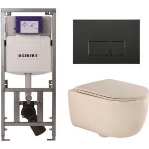 QeramiQ Dely Swirl Toiletset - 36.3x51.7cm - Geberit UP320 Burda inbouwreservoir - slim zitting - mat zwarte metalen bedieningsplaat - rechthoekige knoppen - beige
