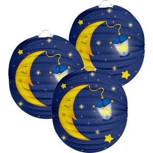 Folat Lampion maan - 3x - 22 cm - donker blauw - papier - Sint maarten/kinderfeestje lampionnen