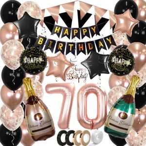 70 Jaar Feest Verjaardag Versiering Confetti Helium Ballonnen Slingers Happy Birthday Rose Goud & Zwart XL SET – 60 Stuks