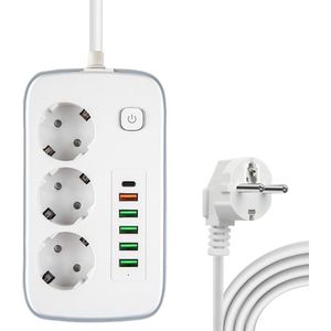 Stekkerdoos met overspanningsbeveiliging, schakelaar, 3 stopcontacten + 6 USB-poorten, 2 m kabel, kinderbeveiliging, wit