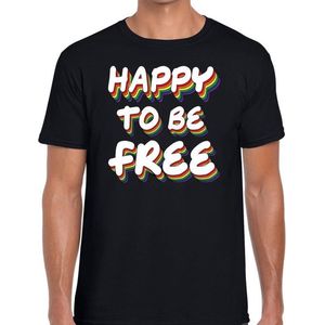 Happy to be free - gaypride t-shirt zwart 3D regenboog tekst voor heren - Gay pride kleding M