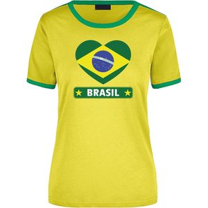 Brasil geel/groen ringer t-shirt Brazilie vlag in hart - dames - landen shirt - Braziliaanse fan / supporter kleding L