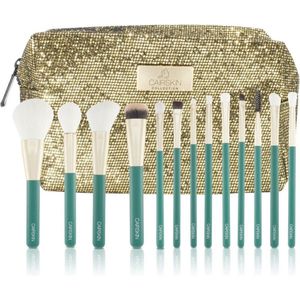 CAIRSKIN Professional Brush Set - 13 Gilt Green Face & Eyes Brushes + Glitter Beauty Case - Professionele Visagie Kwasten - Vegan Makeup Set