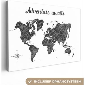 Canvas Wereldkaart - 60x40 - Wanddecoratie Wereldkaart - Quote - Adventure Awaits