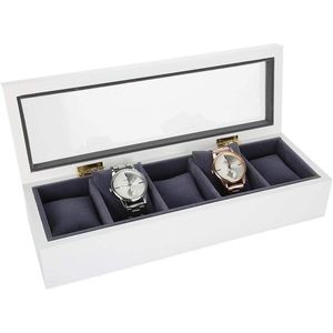 Horlogedoos 5 sleuven glazen opbergdoos - horloge sieraden displaydoos - wit