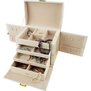 crèmekleurige deluxe juwelenkoffer met vele schuifjes en vakjes